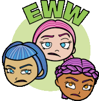 a cartoon drawing of three girls with the words ewmw above them