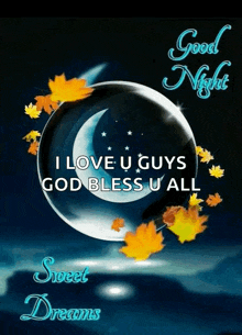 a good night message with a crescent moon and leaves