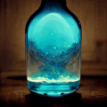 a bottle with a blue liquid in it