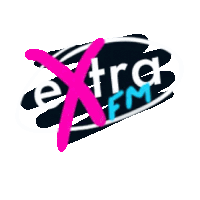 a logo for extra fm with a pink cross