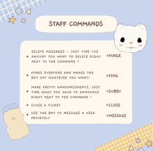 a poster explaining staff commands including delete messages and purge