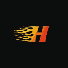 a letter h with flames on a black background .