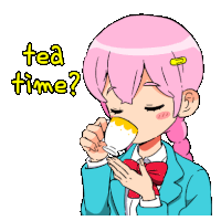 a girl with pink hair is drinking a cup of tea