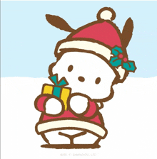 a cartoon drawing of a penguin wearing a santa hat and holding a gift