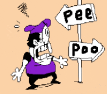 a cartoon character is standing in front of a sign that says pee poo