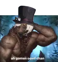 a werewolf wearing a top hat with ah gomen oomf chan written below it