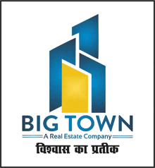 a blue and yellow logo for a real estate company called big town