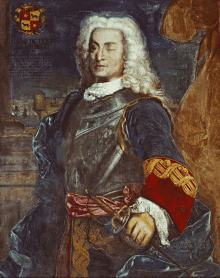 a painting of a man with a wig and a sword has a coat of arms on the bottom