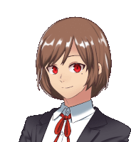 a girl with brown hair and red eyes is wearing a suit