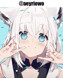 a drawing of a girl with white hair and blue eyes with the hashtag @aeyriowo