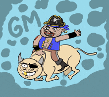 a cartoon of a pirate riding on the back of a cat with the letters gm behind him