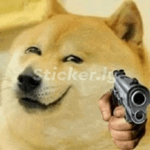 a dog is holding a gun in its hand and smiling .