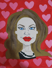 a painting of a woman with red lips and blue eyes on a red background with pink hearts