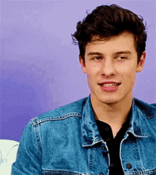 a young man wearing a denim jacket and a black shirt is smiling in front of a purple wall .