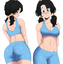 a drawing of a woman in blue shorts and a blue top