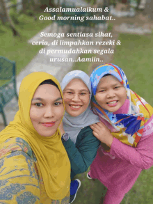 three women are posing for a picture with the caption " assalamualaikum & good morning sahabat