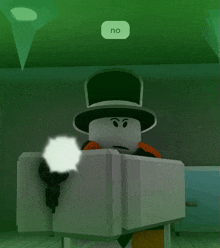 a cartoon character wearing a top hat and holding a gun has a no button above him