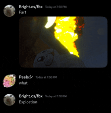 a screenshot of a conversation between peels and bright.cs/fbx with a picture of an explosion