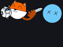a cartoon of a fox holding a pen next to a blue circle with a cross on it