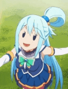 aqua is a cute anime girl with blue hair and a bow tie .