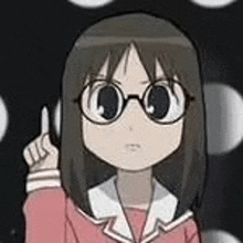 a cartoon girl wearing glasses and a pink shirt is pointing up .