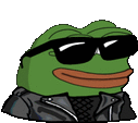 a green frog wearing sunglasses and a black jacket .