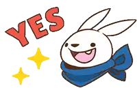 a cartoon bunny with a blue scarf around its neck and the word yes above it