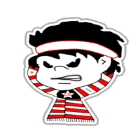 a sticker of a cartoon character with a scarf around his neck