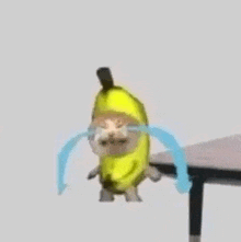 a cat in a banana costume is crying while standing on a table .