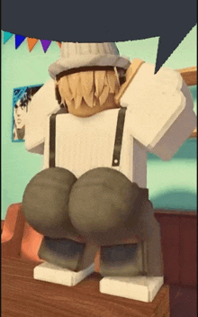 a cartoon character wearing suspenders and a hat is standing next to a couch