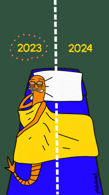 a cartoon of a worm sleeping in a bed with the year 2023 and 2024 written on it