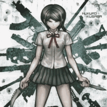 a girl is holding two knives in front of guns and the name mukuro is on the bottom of the picture