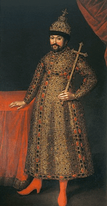 a painting of a man in a gold dress holding a cane and a cross