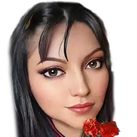 a woman with long black hair has a red rose in her mouth