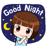 a cartoon of a girl saying good night with a crescent moon in the background