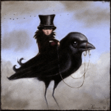 a painting of a man in a top hat riding on the back of a black bird