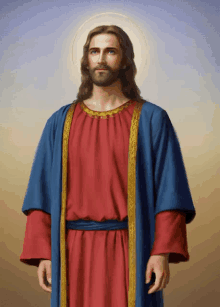 a painting of jesus wearing a blue robe