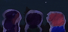 three cartoon characters are standing next to each other under a blanket at night looking at the stars .