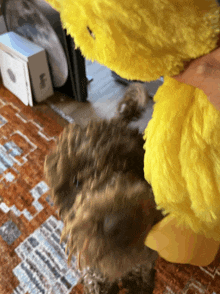 a yellow stuffed animal is being held over a small dog