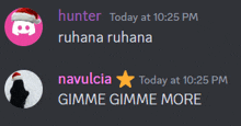 a screenshot of a discord chat with hunter and navulcia