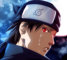 a boy with red eyes and a headband with the letter g on it is crying