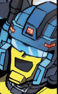 a close up of a blue and yellow robot with red lights on it 's head