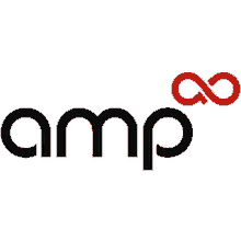 a black and red logo for amp with a red infinity symbol