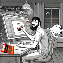 a black and white drawing of a man drawing on a computer with a sign above him that says community pro