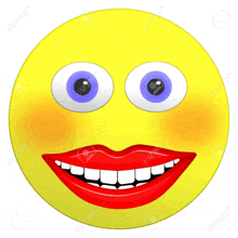 a yellow smiley face with blue eyes and red lips stock photo