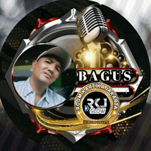 a picture of a man and a microphone with the name bagus