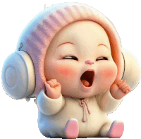 a cartoon baby wearing headphones and a pink hat is yawning