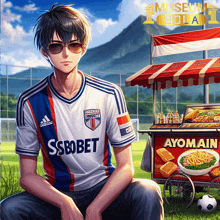 a soccer player wearing a ssbobet jersey sits next to a food cart