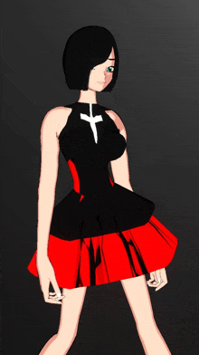 a girl in a black and red dress with a cross on the top