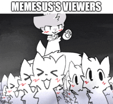 a cartoon of a cat standing in front of a group of cats with the caption memesus 's viewers